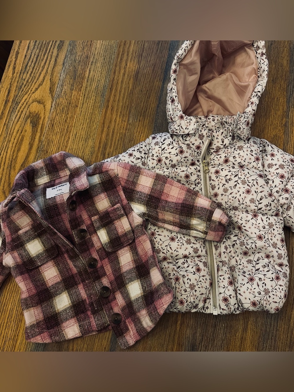 Baby/Toddler Pink Plaid Button-Up Shacket & Floral Puffer Jacket Set